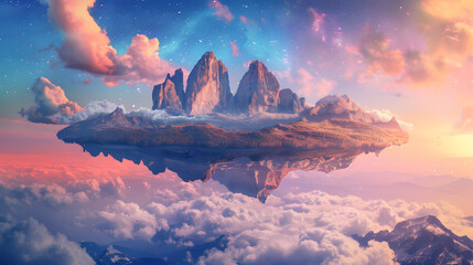 Wall Mural - A beautiful landscape with mountains and trees, with a pink and orange sky. 
