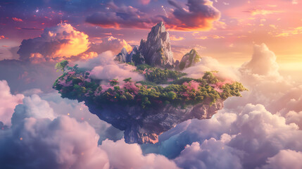 Wall Mural - A beautiful landscape with mountains and trees, with a pink and orange sky. 