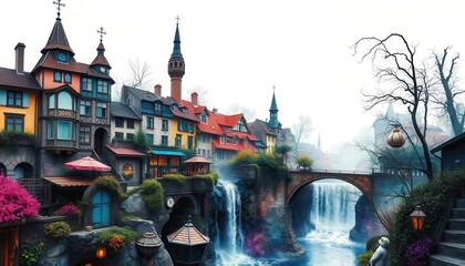 Sticker - Enchanting Waterfall Town.