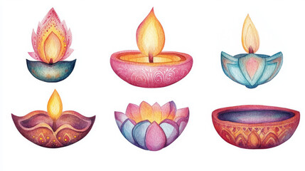 Watercolor illustrations of Diwali diyas and decorative candles, showcasing vibrant colors and traditional designs, perfect for festive projects.
