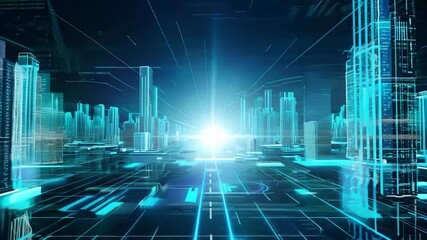 Poster - Digital city glowing at sunrise, illustrating the concept of smart city, digital twin, data analysis, metaverse and future technology