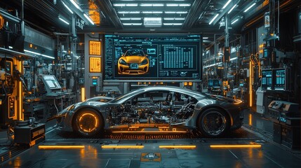 Aufkleber - An advanced car assembly area showcases a futuristic vehicle with neon elements and high-tech machinery