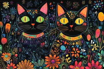 Wall Mural - Two intricately designed cats with bright eyes sit amidst a field of flowers, surrounded by a colorful and playful floral pattern