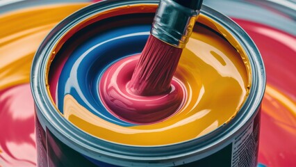 Poster - A can of a paint brush is being used to stir up the colors, AI