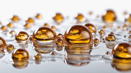 Aufkleber - Golden oil drops creating bubbles on a white background