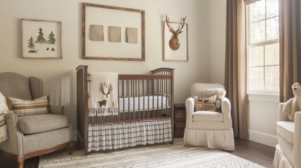 Wall Mural - Photograph a baby room with a woodland theme, including a crib with forest animal bedding, rustic decor, and nature-inspired wall art.