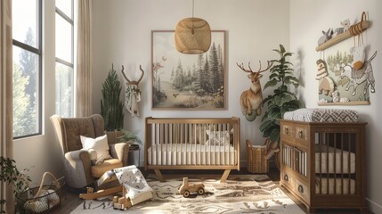 Poster - Photograph a baby room with a woodland theme, including a crib with forest animal bedding, rustic decor, and nature-inspired wall art.