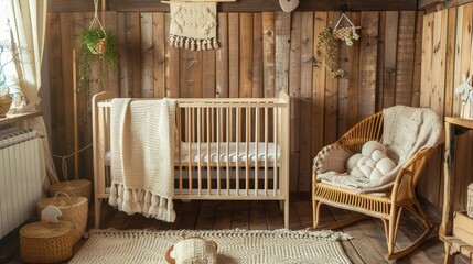 Poster - Photograph a rustic baby room with a farmhouse style, featuring a wooden crib, vintage decor, and a cozy knitted blanket.