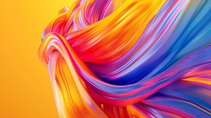 Wall Mural - An abstract 3D render of twisted, flowing shapes in shades of orange, pink, and blue, against a yellow background.