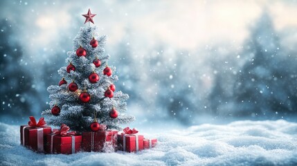 Poster - Beautiful christmas tree standing in snow with red presents