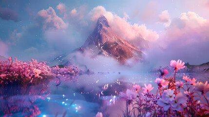 Wall Mural - A mountain range with a lake in the foreground. 