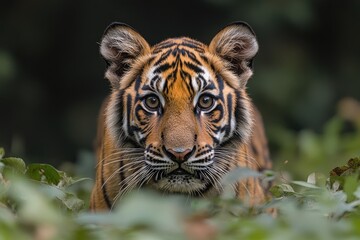 Fototapete - Young sumatran tiger cub hiding in the jungle