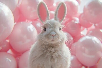 Wall Mural - White Rabbit with Pink Balloons