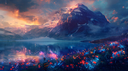 Wall Mural - A mountain range with a lake in the foreground. 
