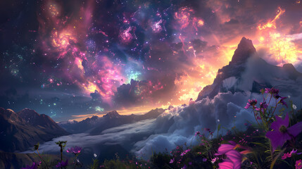 Wall Mural - A colorful, swirling galaxy with mountains in the background. 