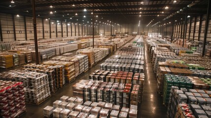Poster - Rows upon rows of pallets stacked high in a large, well-lit warehouse.