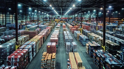 Poster - Rows upon rows of pallets stacked high in a large, well-lit warehouse.