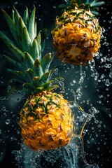 Fresh pineapple closeup view with water splashes