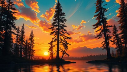 Wall Mural - Sunset Over a Mountain Lake.