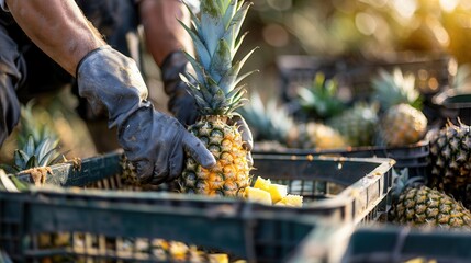 Farmer harvest fresh pineapples in wooden crate in field