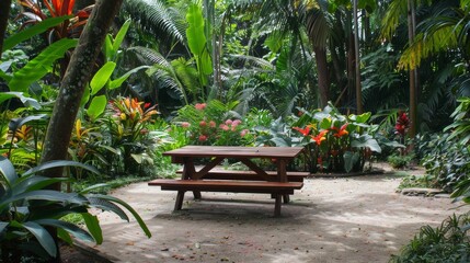 Poster - Setting up a picnic table at a botanical garden, surrounded by exotic plants and flowers.