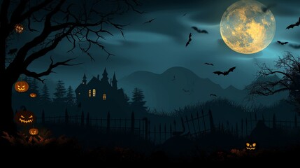 Sticker - Show a Halloween night background with a full moon, flying bats, and a silhouetted haunted house in the distance.