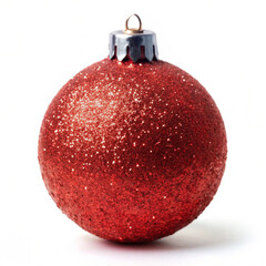 a sparkling red glitter christmas ornament captured against a white background, radiating holiday ch