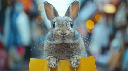 Canvas Print - Cute Rabbit Peeking from a Yellow Bag