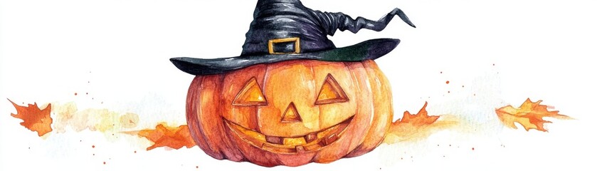 Watercolor depiction of a Halloween pumpkin with a witchs hat, playful and festive, isolated on white background