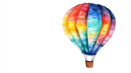 A watercolor illustration of a hot air balloon with vibrant patterns, floating in the sky, isolated on white background