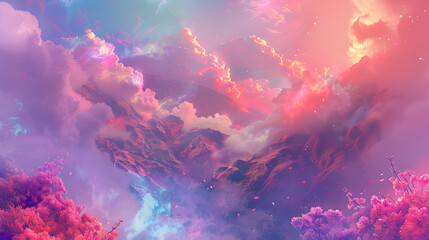 Wall Mural - A mountain range covered in snow and clouds with a few flowers in the foreground. 