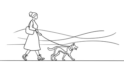 Wall Mural - Girl walking with shepherd dog  continuous line art drawing isolated on white background. Vector illustration