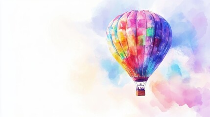 A watercolor illustration of a hot air balloon with vibrant patterns, floating in the sky, isolated on white background