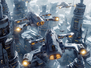 A futuristic city with many spaceships flying around. Scene is one of excitement and adventure, as the spaceships are exploring the city and its many buildings