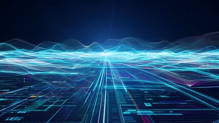 Poster - Abstract background with a digital landscape made of circuit board patterns and glowing blue and turquoise waves, suggesting advanced technology and innovation
