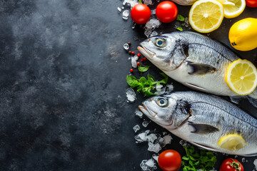 Fresh Sea Fish on the dark background with lemon, tomatoes and pieces of ice. 