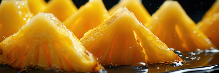 Macro closeup view of juicy dripping fresh pineapple slice cut