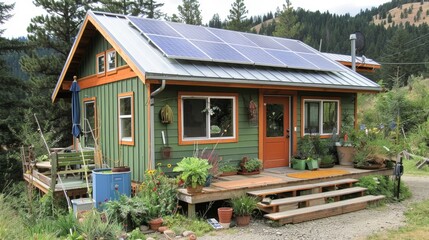 Sticker - Write about the off-grid capabilities and self-sufficiency of a sustainable small house. Describe solar panels, composting toilets, and how off-grid living promotes independence