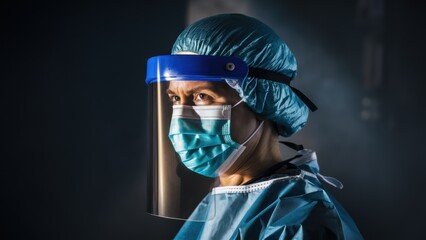 Poster - A woman in a blue surgical gown and mask with face shield, AI