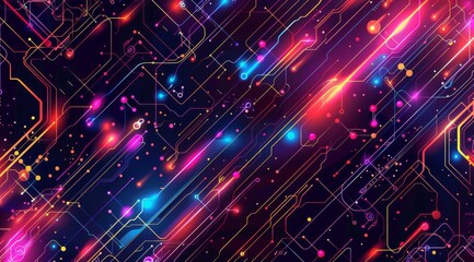 Poster - A vibrant abstract background with dynamic neon lights and intricate circuits in a captivating digital theme