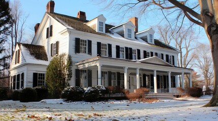 Wall Mural - Write about the seasonal maintenance considerations for preserving a colonial house exterior.