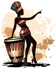 Wall Mural - Beautiful African woman in traditional attire with a colorful drum