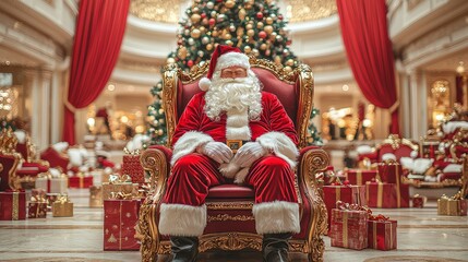 Canvas Print - Santa Claus relaxes in an ornate chair surrounded by holiday decorations, a beautifully lit Christmas tree, and wrapped gifts in a luxurious indoor venue