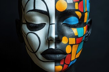 Fototapete - A model showcases intricate face paint combining black and white patterns with vivid colors, emphasizing artistic expression at a creative gathering