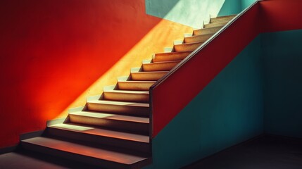 Poster - brightly lit staircase in a colorful interior with contrasting walls during the day