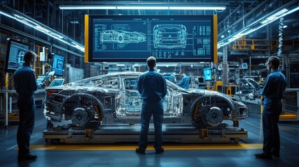 Poster - Engineers analyze a cutting-edge car model with digital displays illuminating the workshop, showcasing futuristic automotive engineering