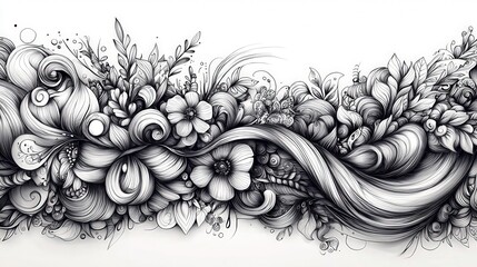 Fototapete - A detailed black and white illustration showcases an array of flowers, leaves, and swirling patterns, merging into a harmonious artistic composition