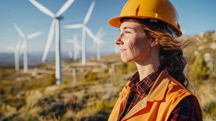 Portrait of a young woman in a yellow hard hat working at a wind farm. A working woman looks at windmills in a spring field.