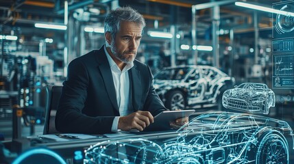 Poster - A focused professional reviews automotive designs on a tablet in a modern manufacturing workspace, surrounded by futuristic vehicle prototypes