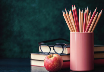 Wall Mural - Stack of books, a red apple, eyeglasses, and a pink holder of colorful pencils are arranged in front of a dark green chalkboard